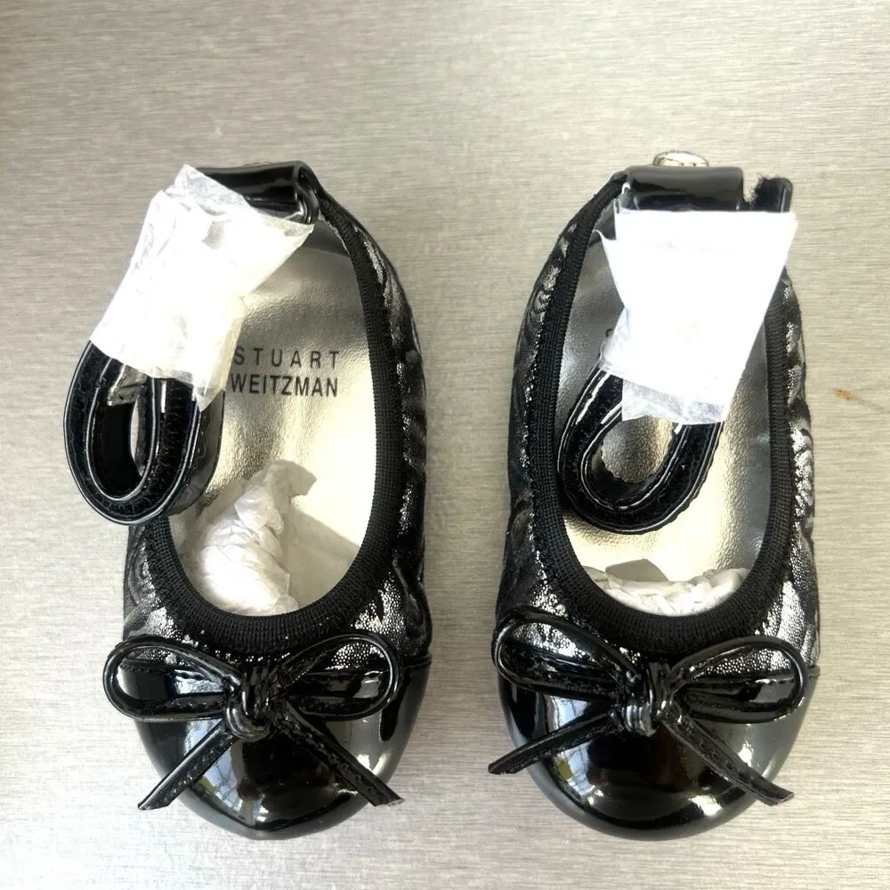 Stuart Weitzman Baby Paliava Silver Black Baby Ballet Shoes w/Bow Sz 2 3-6M NEW